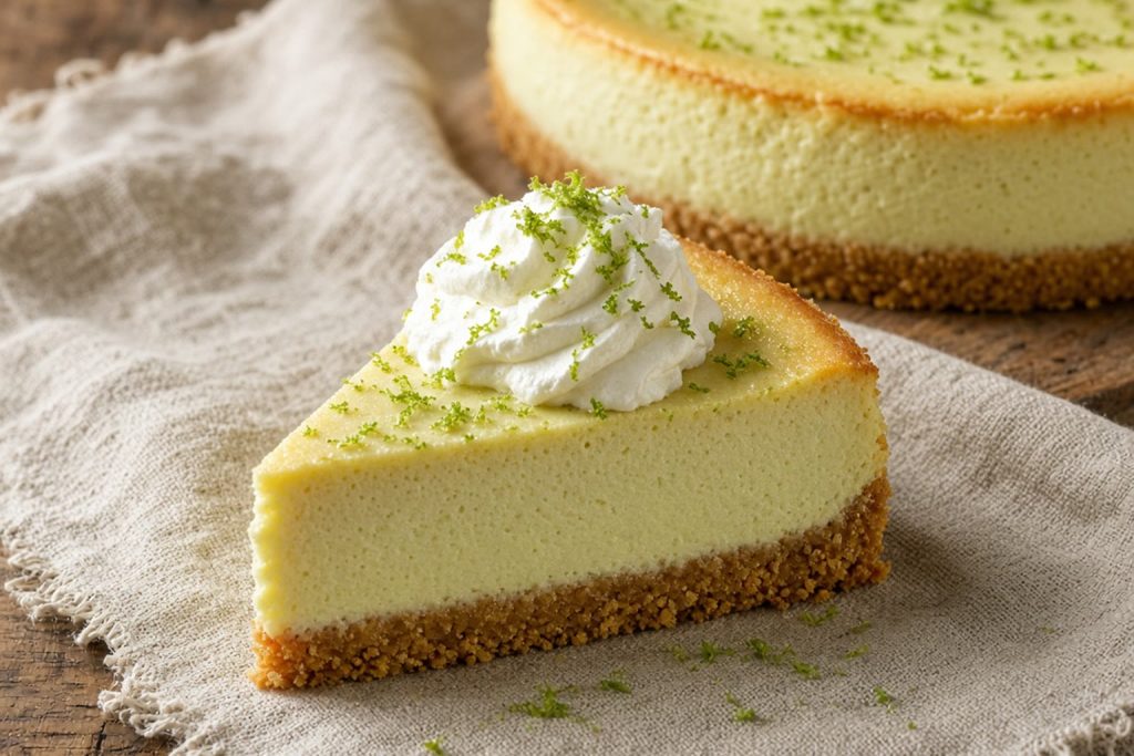 Slice of key lime cheesecake with graham crust, pale green filling, and lime zest