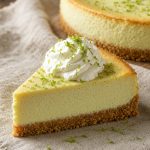 Slice of key lime cheesecake with graham crust, pale green filling, and lime zest
