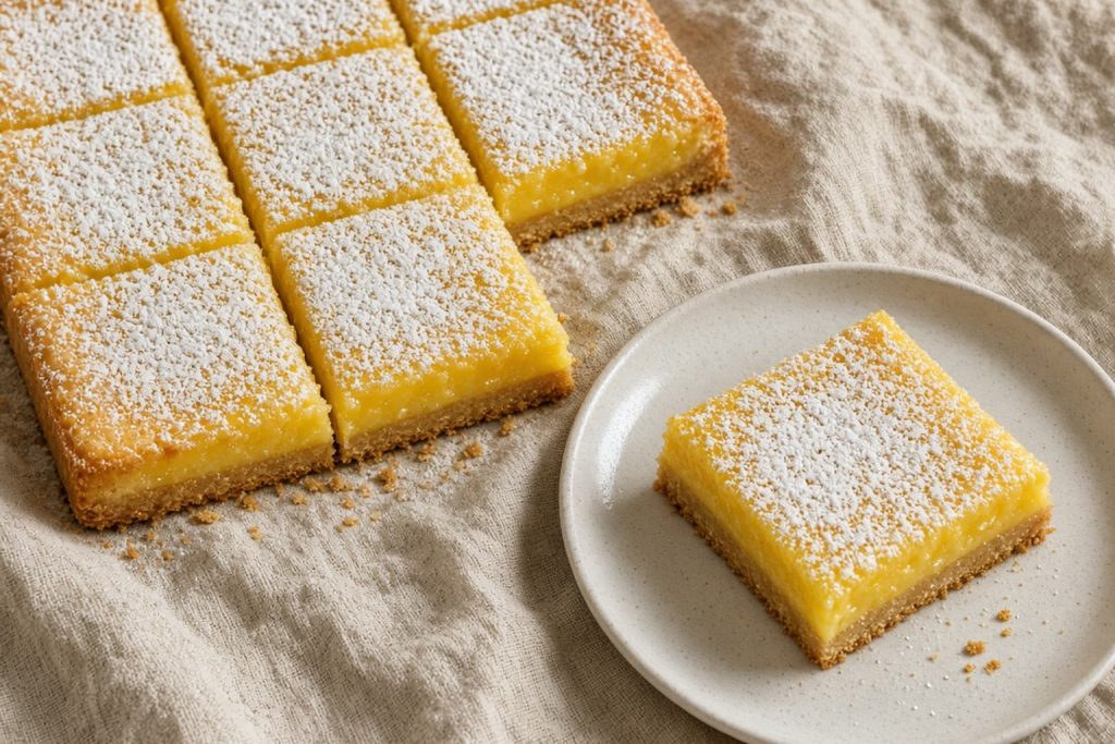 Lemon bars with shortbread crust and bright lemon filling dusted with powdered sugar