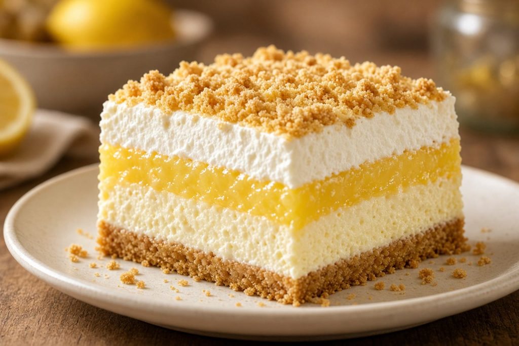 Square of layered lemon lush dessert