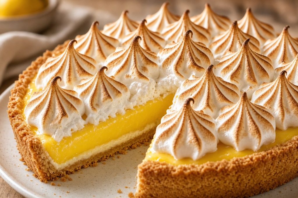 Lemon meringue pie with a tall toasted meringue and yellow curd