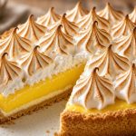 Lemon meringue pie with a tall toasted meringue and yellow curd