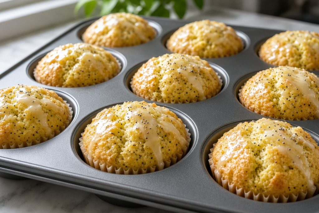 Lemon poppy seed muffins with a thin glaze