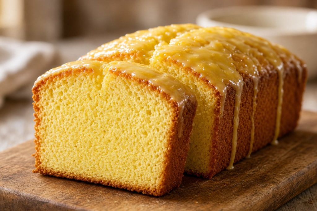 Lemon pound cake loaf with a shiny glaze