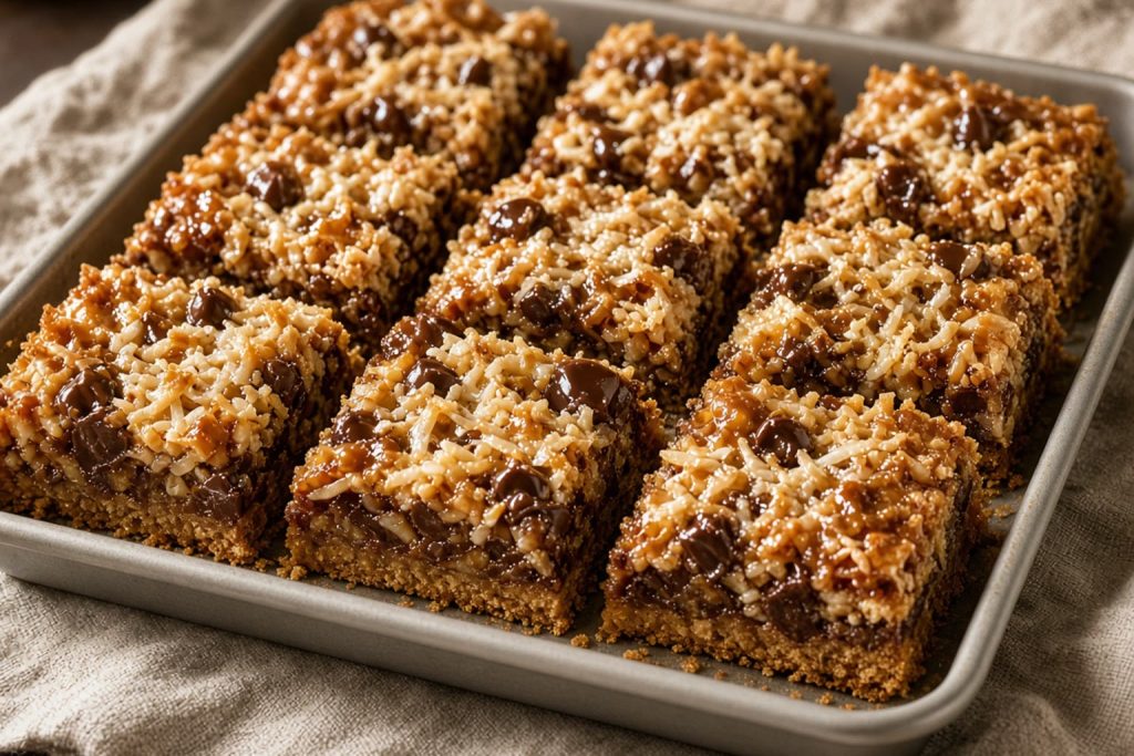 Magic cookie bars with graham crust, chocolate chips, coconut, and condensed milk cut into squares
