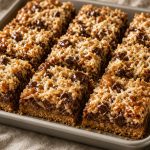 Magic cookie bars with graham crust, chocolate chips, coconut, and condensed milk cut into squares