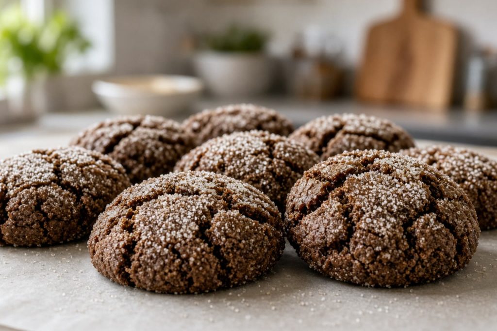 Crinkled molasses cookies in sugar