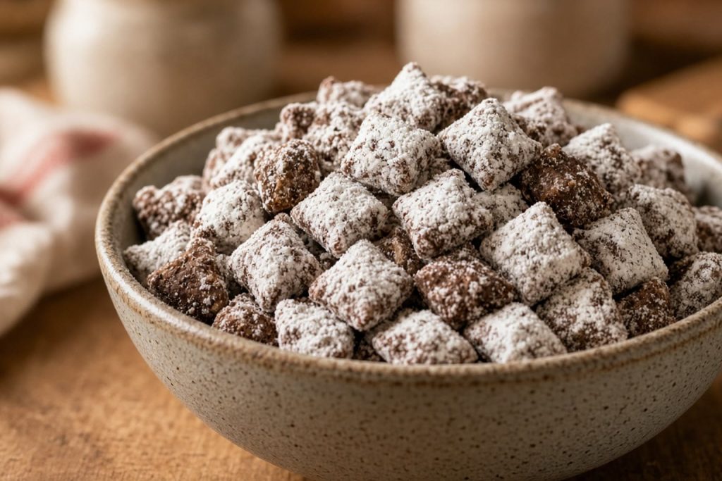 Powdered-sugar coated cereal snack in a bowl