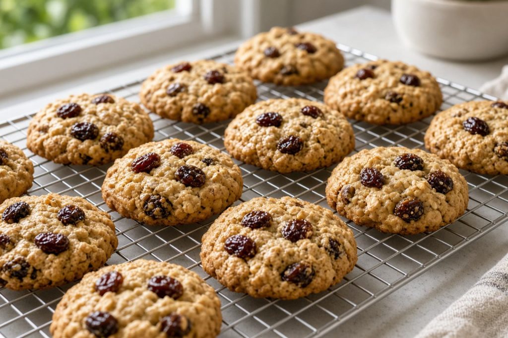 Oatmeal raisin cookies on a cooling rack