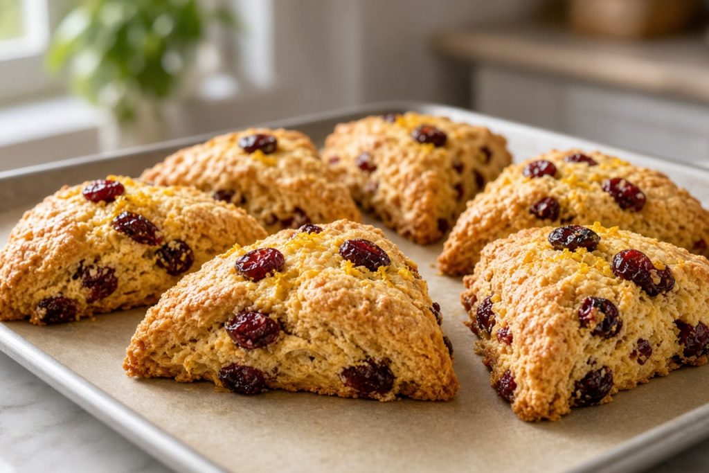 Orange cranberry scones on a baking sheet