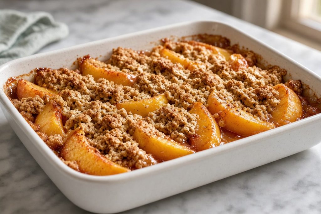 Peach crisp with an oat topping in a baking dish