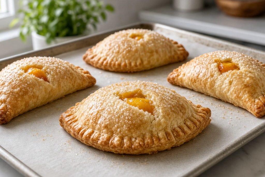 Golden peach hand pies on a tray