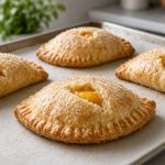 Golden peach hand pies on a tray
