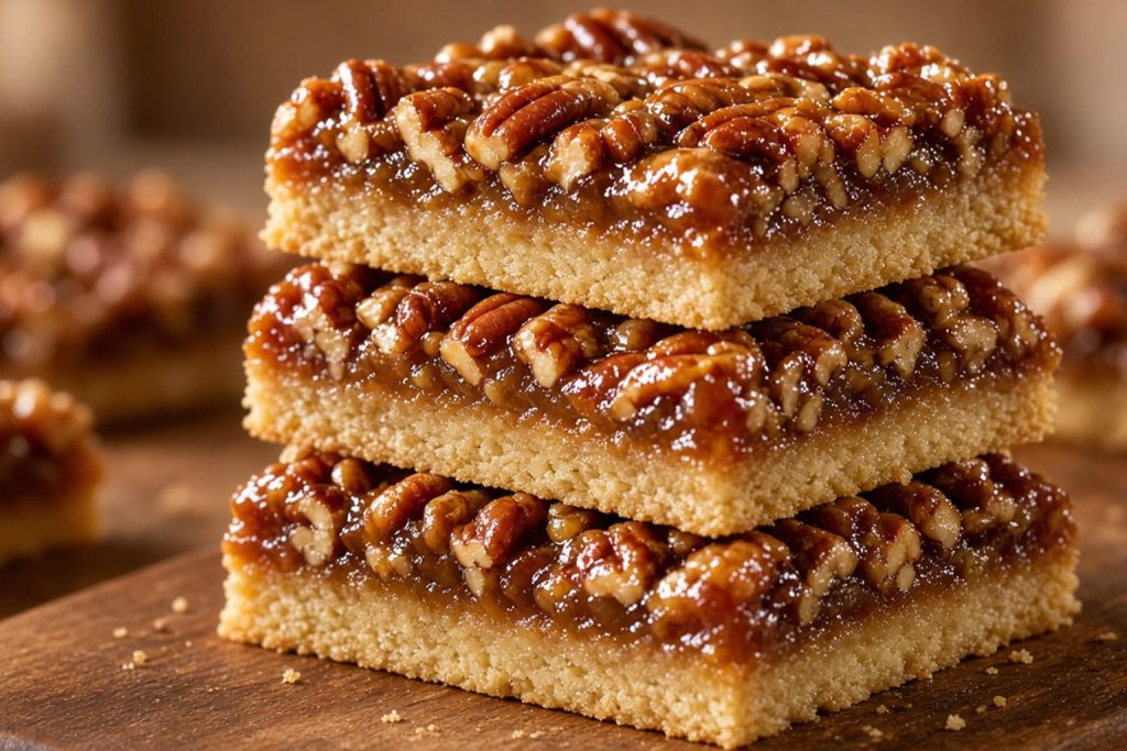 Squares of pecan pie bars with a shortbread base and gooey pecan top