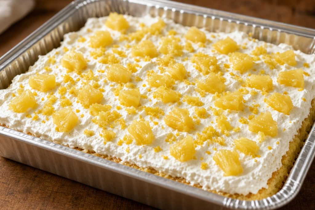 Mandarin orange cake with pineapple cream topping