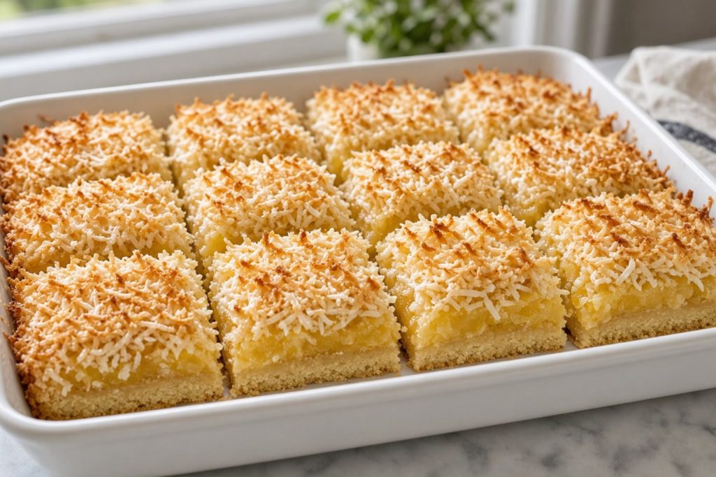 Pineapple coconut bars cut into squares