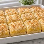 Pineapple coconut bars cut into squares