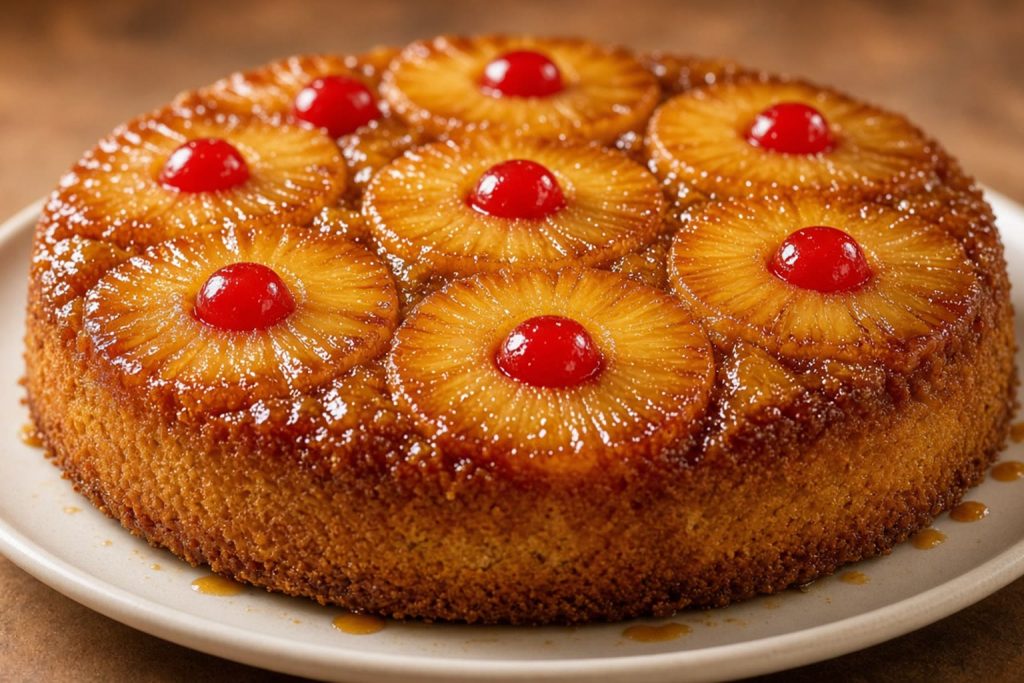 Pineapple upside-down cake with caramelized rings and cherries