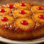 Pineapple upside-down cake with caramelized rings and cherries