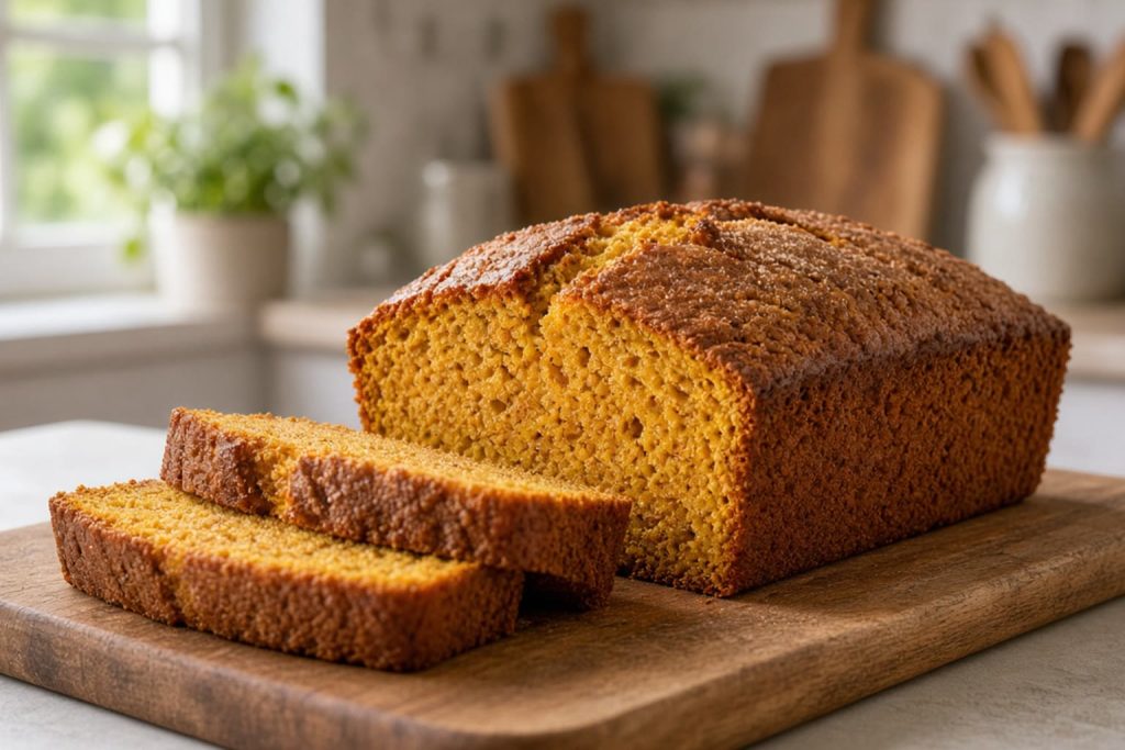 Pumpkin bread loaf sliced to show a moist crumb