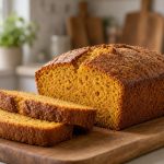 Pumpkin bread loaf sliced to show a moist crumb