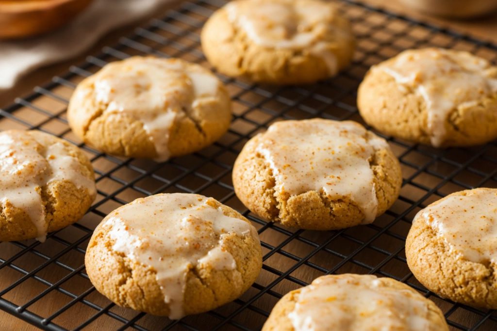 Soft orange pumpkin cookies with glaze