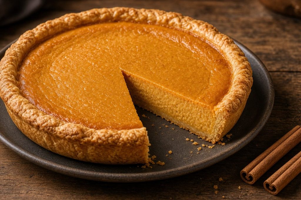 Pumpkin pie with a smooth custard filling and flaky crust