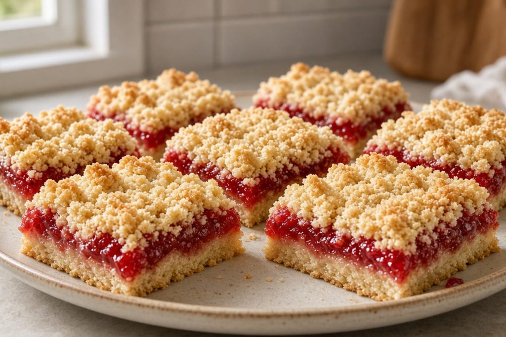 Raspberry crumb bars with a red jam layer