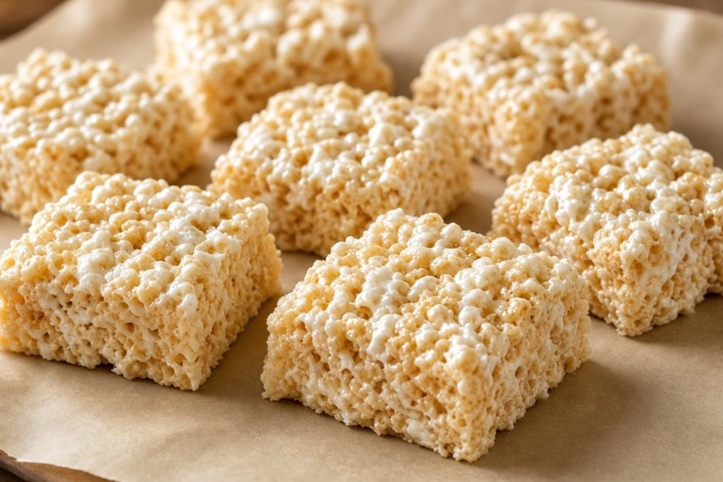 Rice cereal marshmallow squares on parchment
