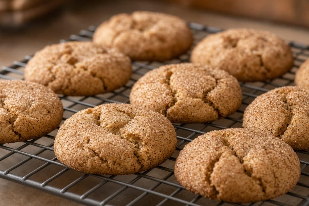 Snickerdoodle cookies coated in cinnamon sugar on a cooling rack