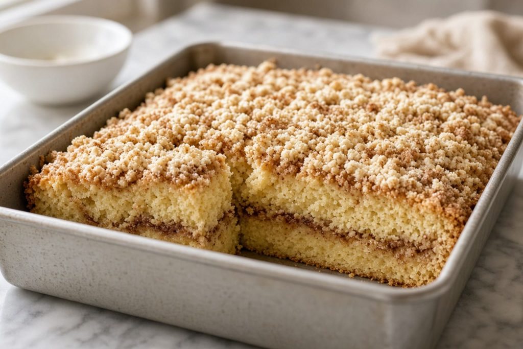 Sour cream coffee cake with a cinnamon ribbon
