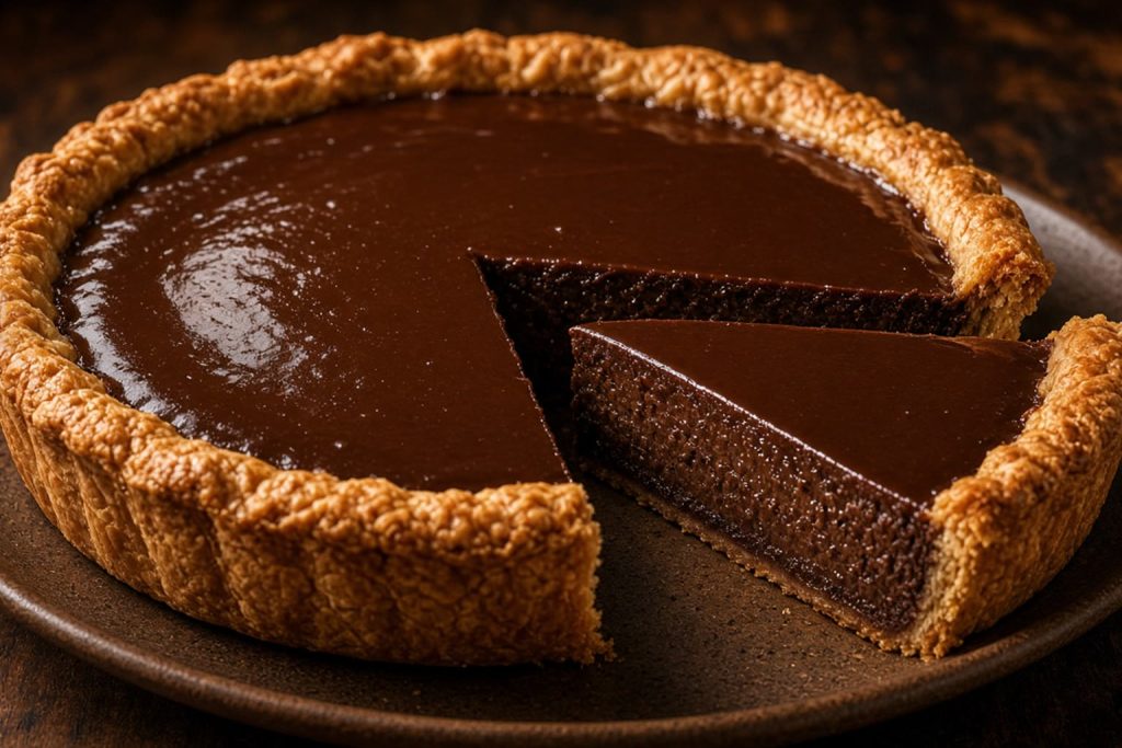 Slice of chocolate chess pie with a shiny custard top and flaky crust