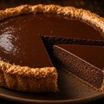 Slice of chocolate chess pie with a shiny custard top and flaky crust