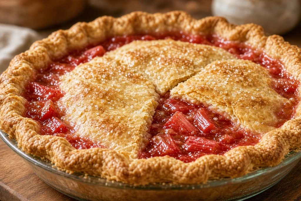 Strawberry rhubarb pie with a golden crust