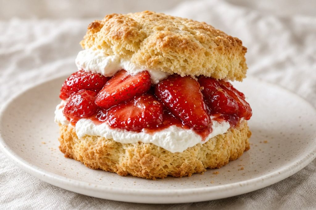 Split biscuit shortcake filled with macerated strawberries and whipped cream