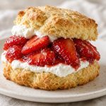 Split biscuit shortcake filled with macerated strawberries and whipped cream