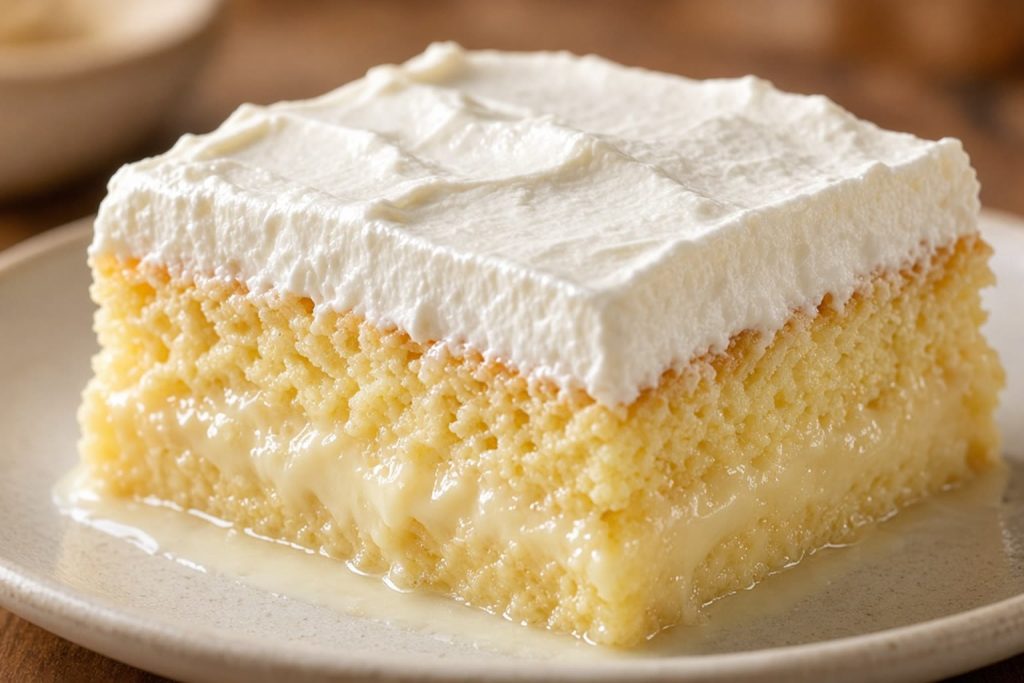 Slice of tres leches cake soaked with three milks and topped with whipped cream
